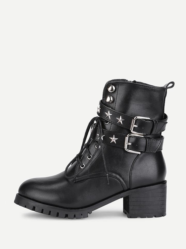 Shein Star Detail Double Buckle Side Pu Boots