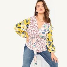 Shein Plus Jungle Leaf Print Knot Wrap Blouse