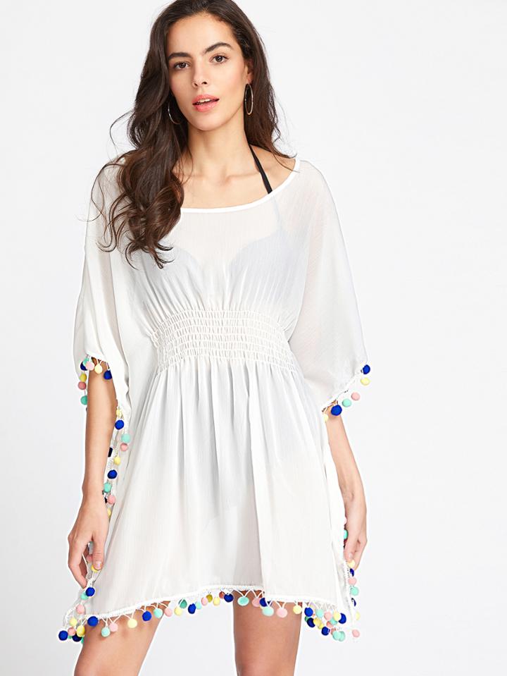 Shein Batwing Sleeve Pom Pom Trim Smocked Dress