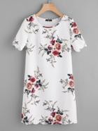 Shein Scallop Trim Botanical Print Tunic Dress
