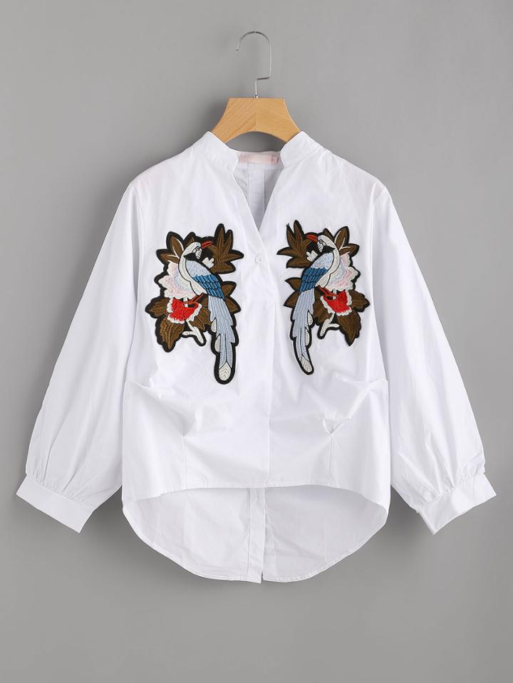 Shein Bird Embroidered Appliques Dip Hem Blouse