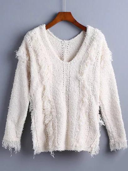 Shein Beige V Neck Fringe Perforated Sweater