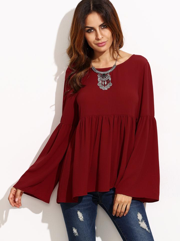 Shein Burgundy Bell Sleeve Cutout Back Babydoll Blouse