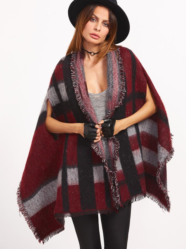 Shein Oversized Burgundy Striped Eyelash Fringe Shawl
