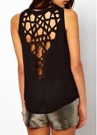 Rosewe Chic Hollow Design Sleeveless Solid Black T Shirt