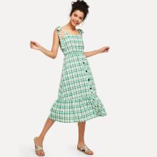 Shein Self Tie Shoulder Open Back Ruffle Hem Plaid Dress