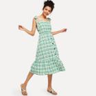 Shein Self Tie Shoulder Open Back Ruffle Hem Plaid Dress