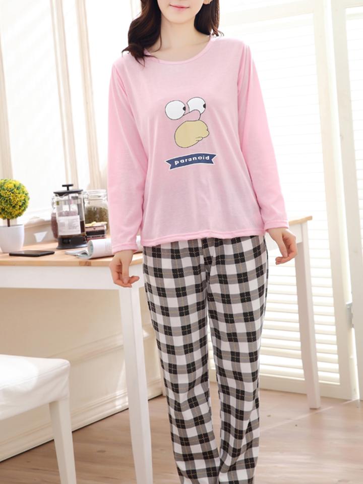 Shein Cartoon Print Tee & Check Pants Pj Set