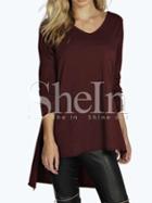 Shein Burgundy Side Slit Dip Hem T-shirt