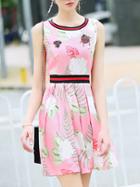 Shein Pink Floral Elastic-waist A-line Dress