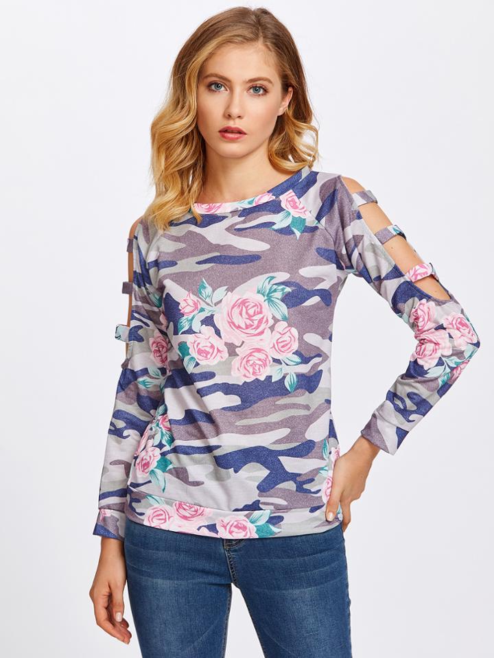 Shein Floral Print Ladder Cut Out Sleeve Camo Tee