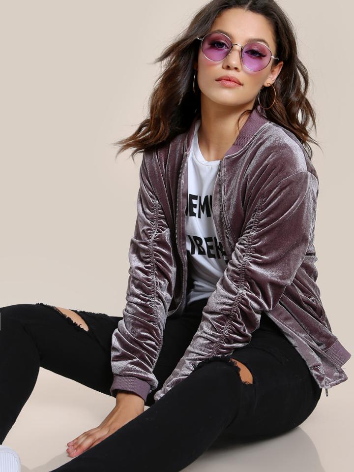 Shein Ruched Velvet Zip Up Bomber Jacket