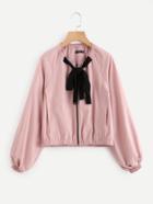 Shein Contrast Bow Tie Neck Raglan Sleeve Jacket