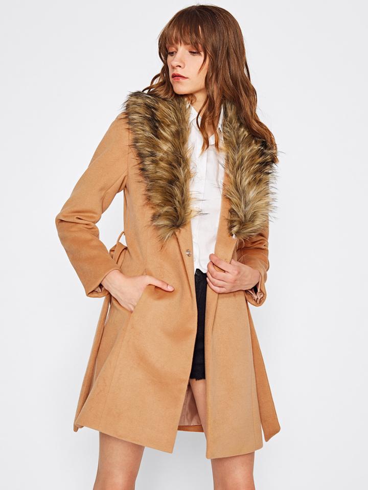 Shein Faux Fur Shawl Collar Self Belted Coat
