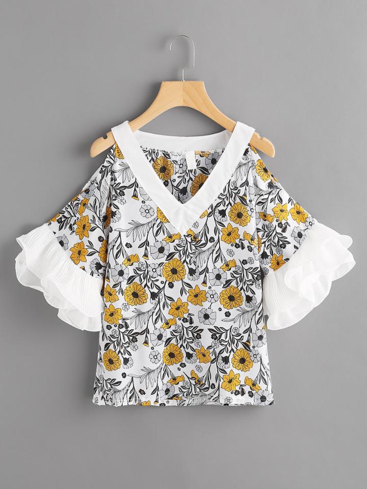 Shein Contrast Tiered Frill Cuff Open Shoulder Random Florals Blouse