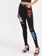 Shein Embroidered Flower Applique Ripped Skinny Pants