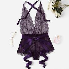 Shein Eyelash Lace Criss Cross Romper Bodysuit