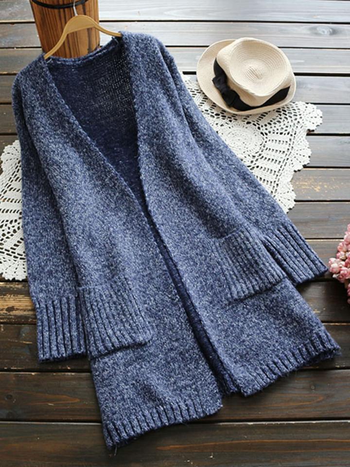 Shein Ribbed Patch Pocket Marled Knit Longline Cardigan