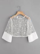 Shein Contrast Cuff Keyhole Back Embroidery Mesh Crop Top