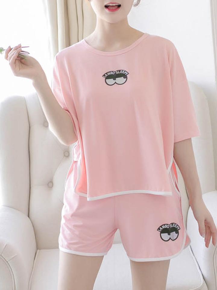 Shein Contrast Trim Eyes Print Tee & Shorts Pj Set