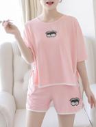 Shein Contrast Trim Eyes Print Tee & Shorts Pj Set