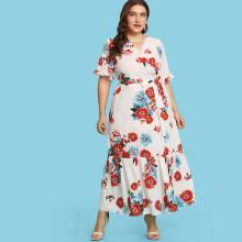 Shein Plus Tie Waist Floral Print Ruffle Hem Dress