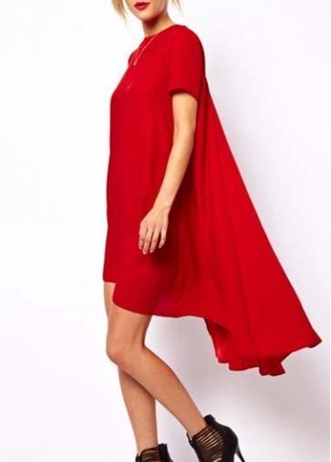 Rosewe Red High Low Hem Women Short Sleeve Dress
