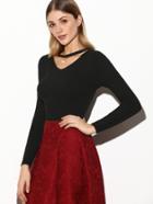 Shein Black Cut Out Pearl Pendant Trim Ribbed Sweater