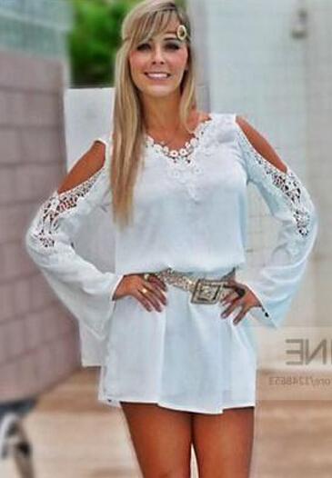 Shein White Lace Round Neck Long Sleeve Dress