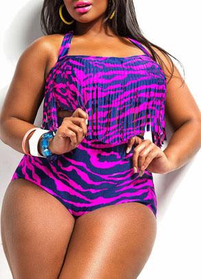 Shein Purple Halter Print High Waist Fringe Plus Swimwear