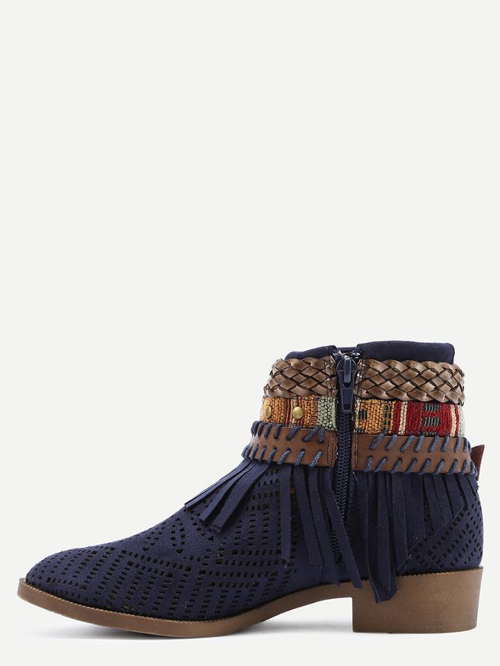 Shein Faux Suede Lacer-cut Wrap Strap Fringe Boots - Navy