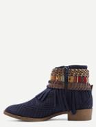Shein Faux Suede Lacer-cut Wrap Strap Fringe Boots - Navy