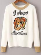Shein White Tiger Embroidery Contrast Trim Sweater