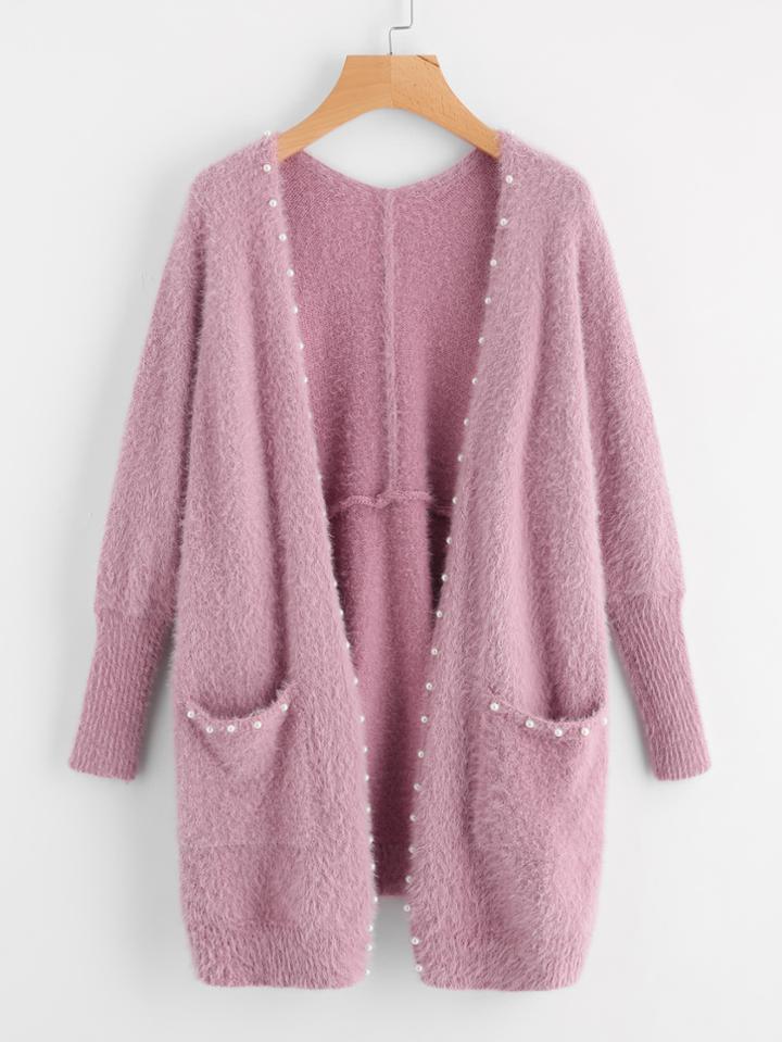 Shein Pearl Beading Pocket Front Fuzzy Sweater Coat