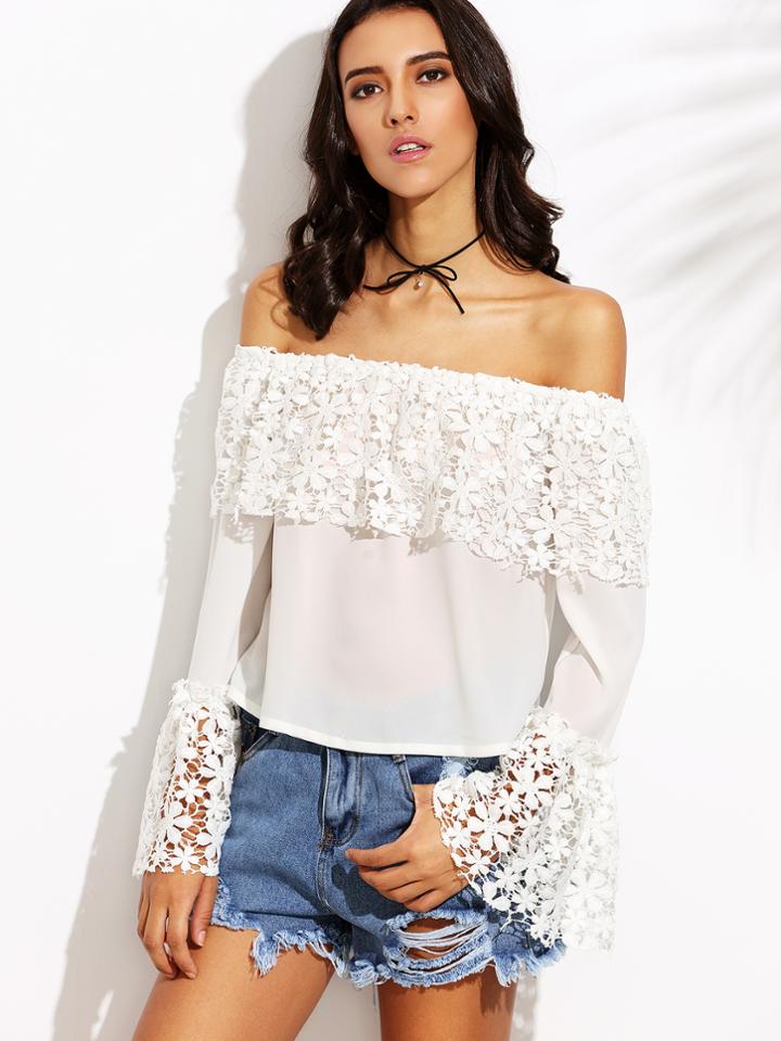 Shein Beige Off The Shoulder Appliques Ruffle Blouse