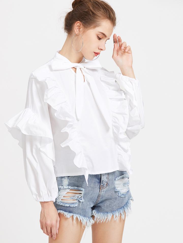 Shein Tie Neck Flounce Trim Elastic Cuff Top