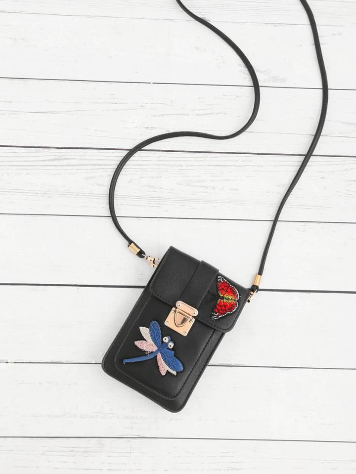 Shein Dragonfly Embroidery Pu Pouch Bag