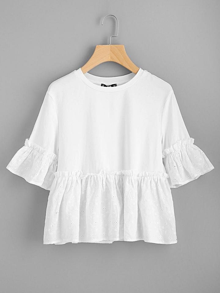 Shein Eyelet Embroidery Flounce Trim Mixed Media Tee