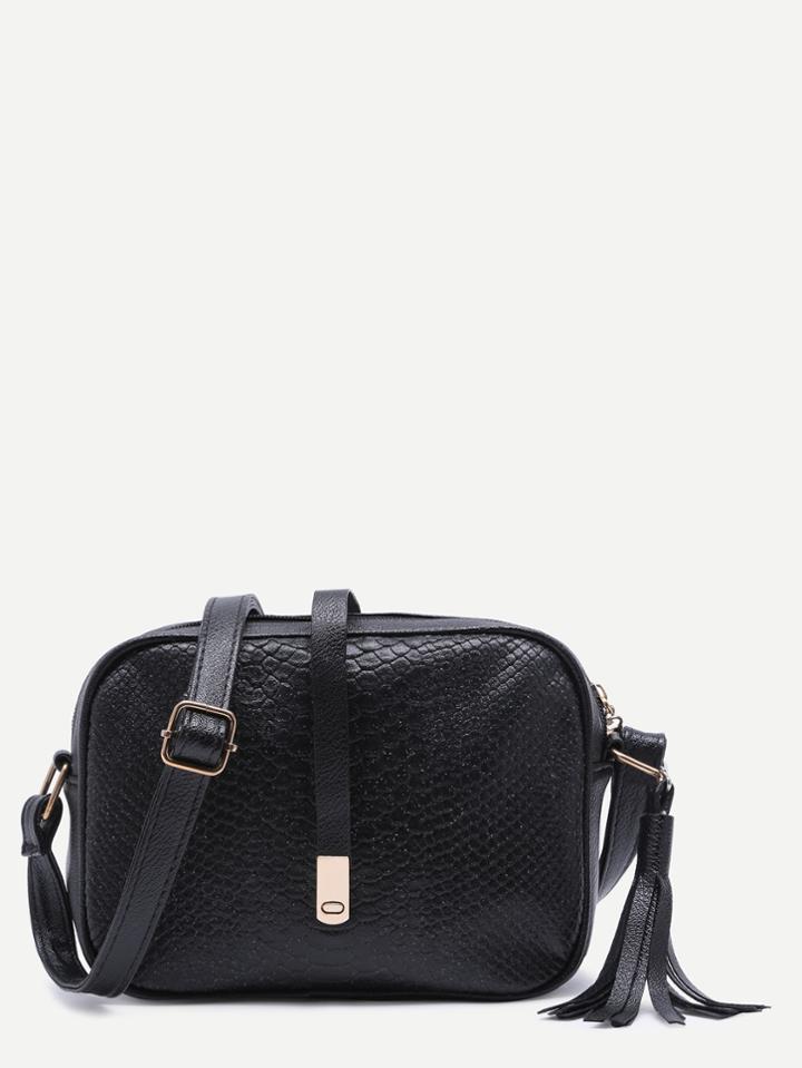 Shein Black Snakeskin Leather Tassel Crossbody Bag