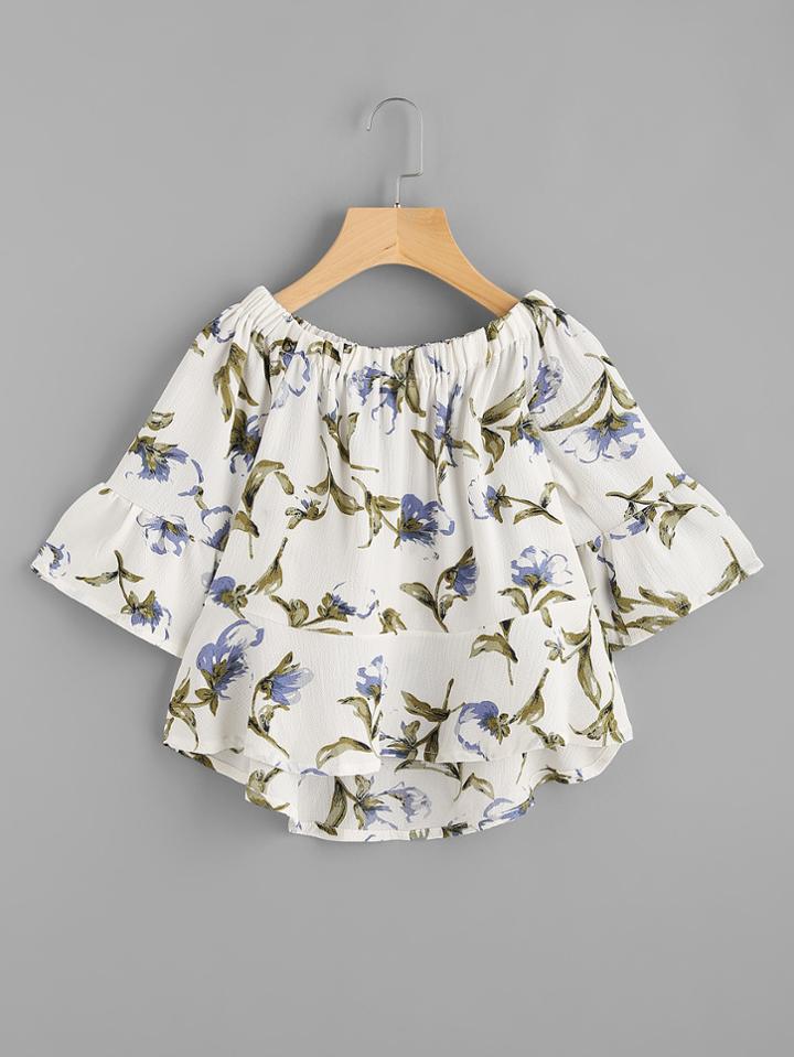 Shein Florals Trumpet Sleeve Dip Hem Top