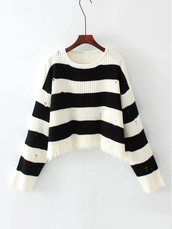 Shein Block Striped Ripped Knit Sweater