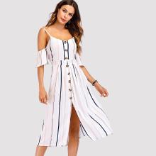 Shein Open Shoulder Single Breasted Striped Dress