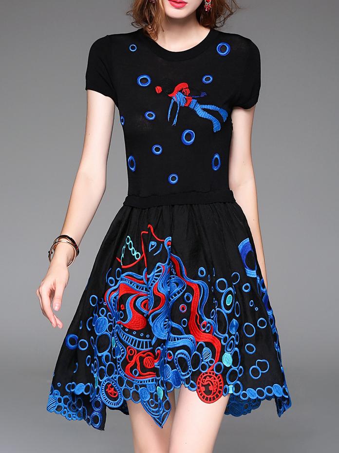 Shein Black Embroidered Knit Asymmetric Combo Dress