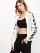 Shein White Striped Sleeve Ribbed Trim Bomber Jacket