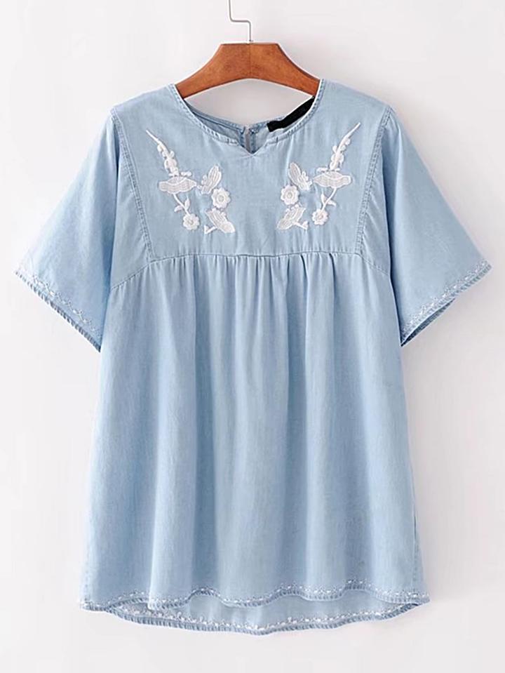 Shein Embroidery High Low Denim Top