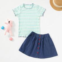 Shein Girls Rib Knit Striped Tee & Buttoned Skirt Set