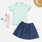 Shein Girls Rib Knit Striped Tee & Buttoned Skirt Set