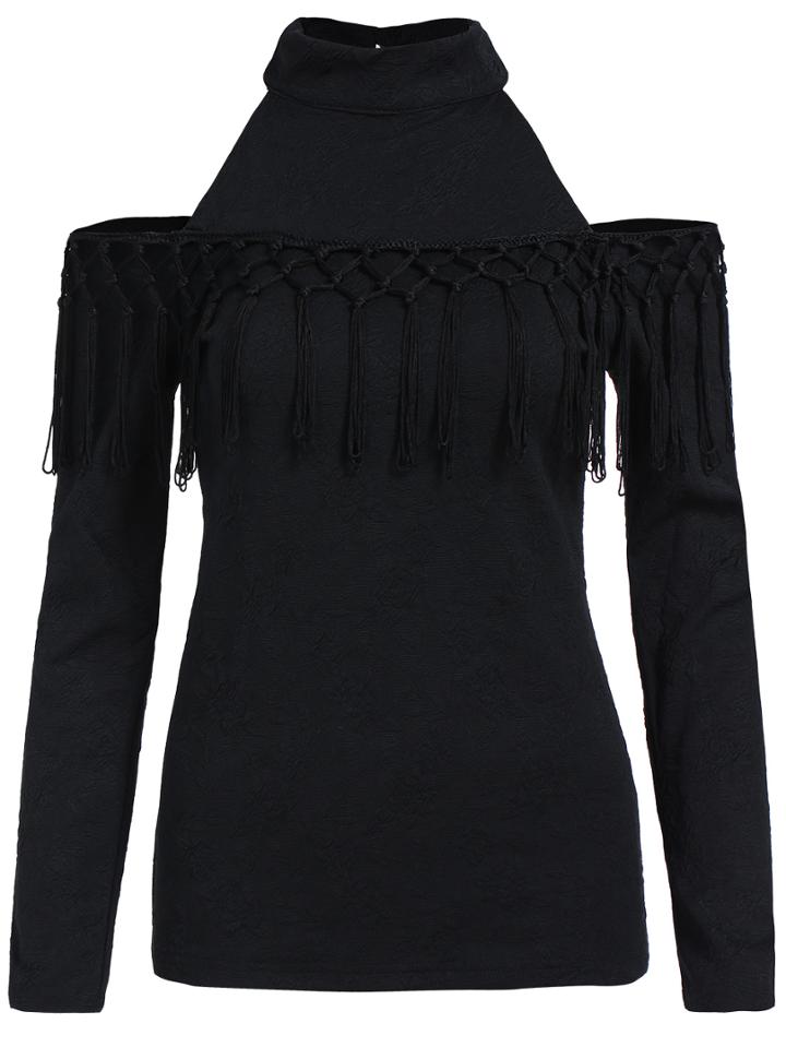 Shein Black Stand Collar Cold Shoulder Tassel Blouse
