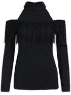 Shein Black Stand Collar Cold Shoulder Tassel Blouse
