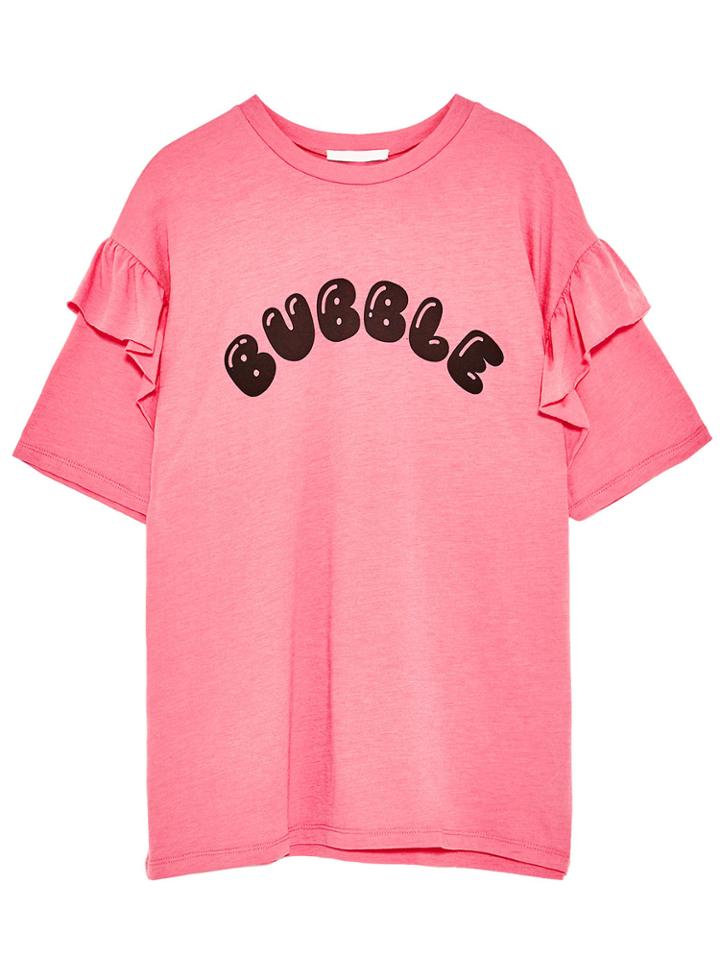 Shein Pink Letter Print Ruffle Trim T-shirt